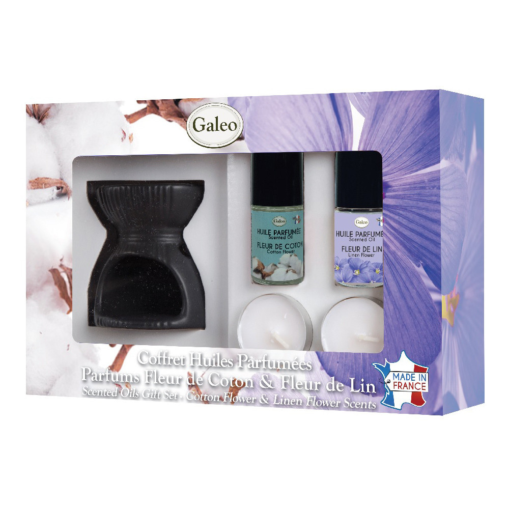 Coffret brule-parfum et huiles parfumées - Fleur de coton & Fleur de lin Coffret brule-parfum et huiles parfumées - Fleur de coton & Fleur de lin